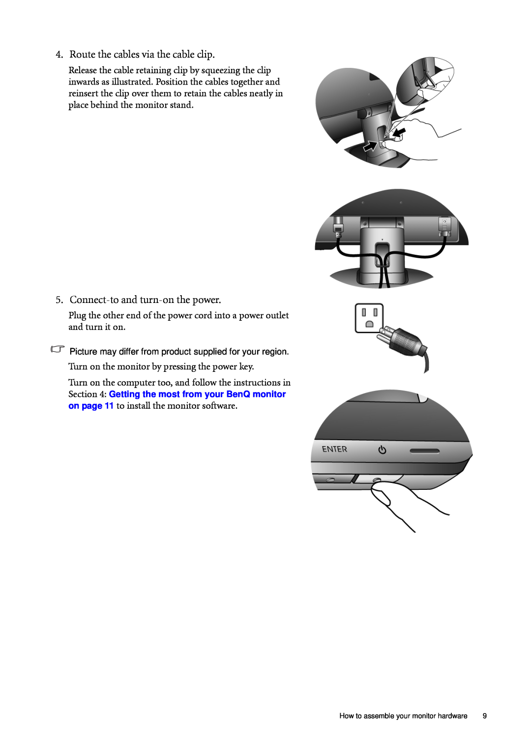 BenQ G2220HDA, G2020HDA user manual Route the cables via the cable clip, Connect-to and turn-on the power 