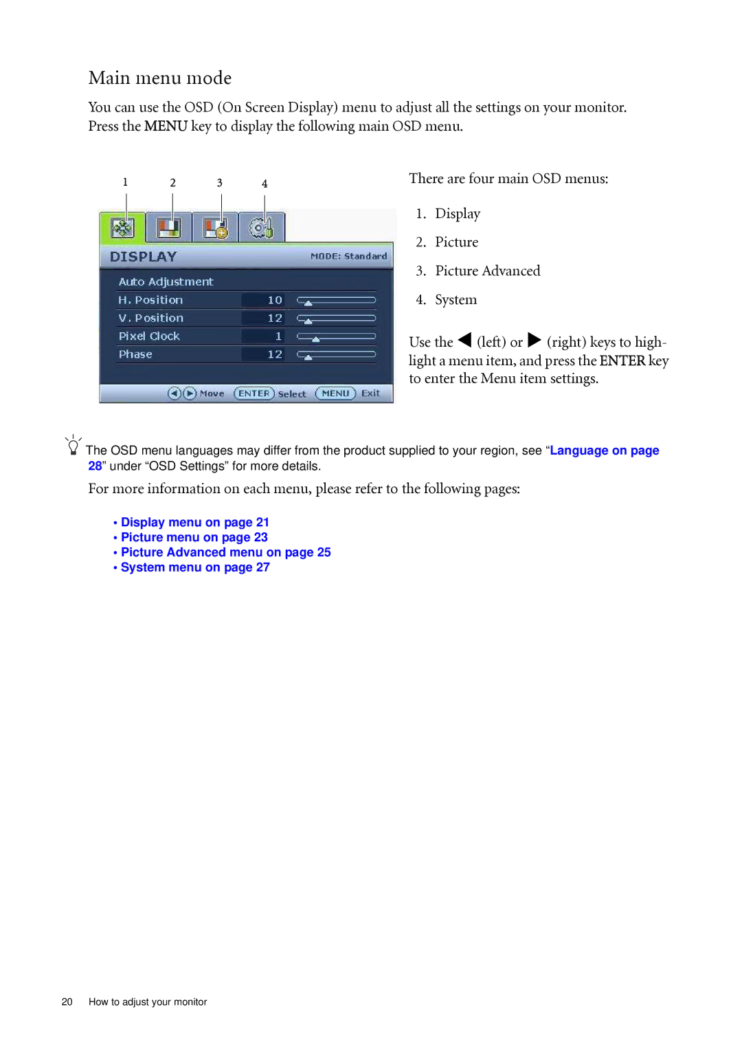 BenQ G2400WA, G2000WA, G900WA, G900A, G700A user manual Main menu mode, There are four main OSD menus 