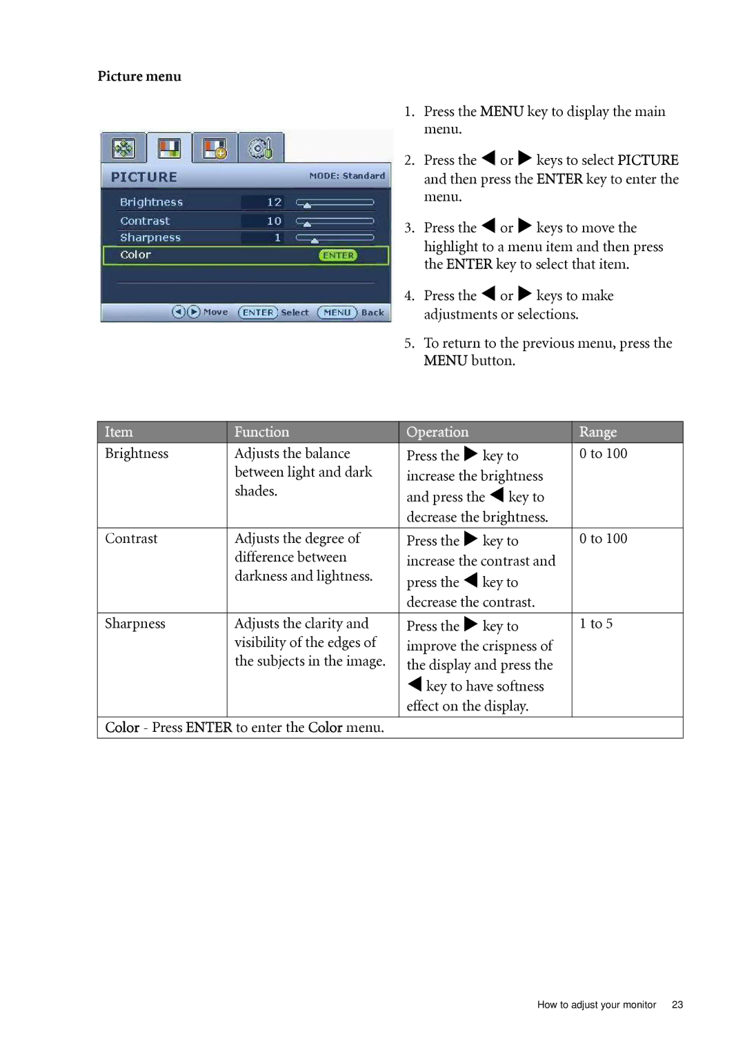 BenQ G2400WA, G2000WA, G900WA, G900A, G700A user manual Picture menu 