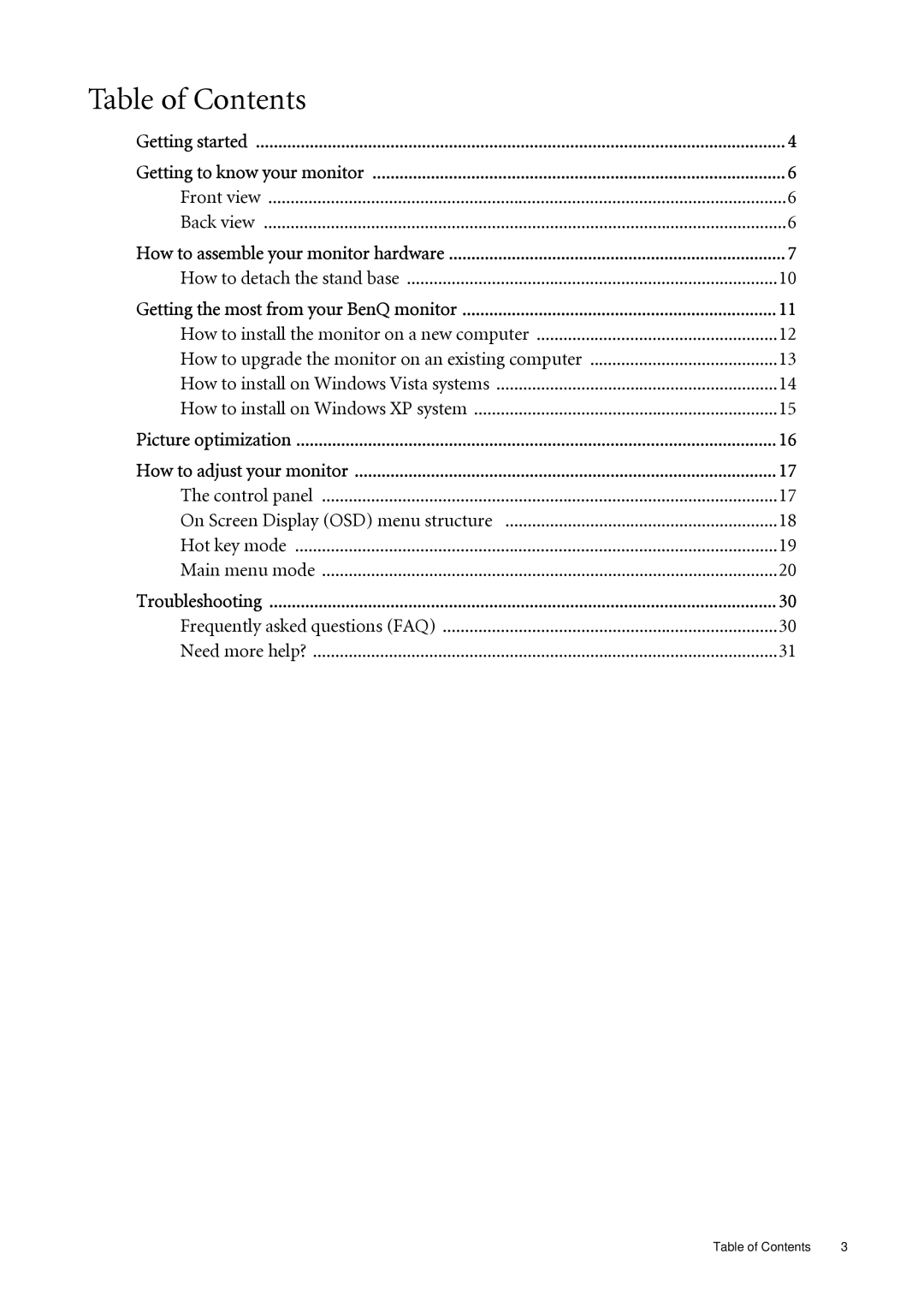 BenQ G900WA, G2400WA, G2000WA, G900A, G700A user manual Table of Contents 