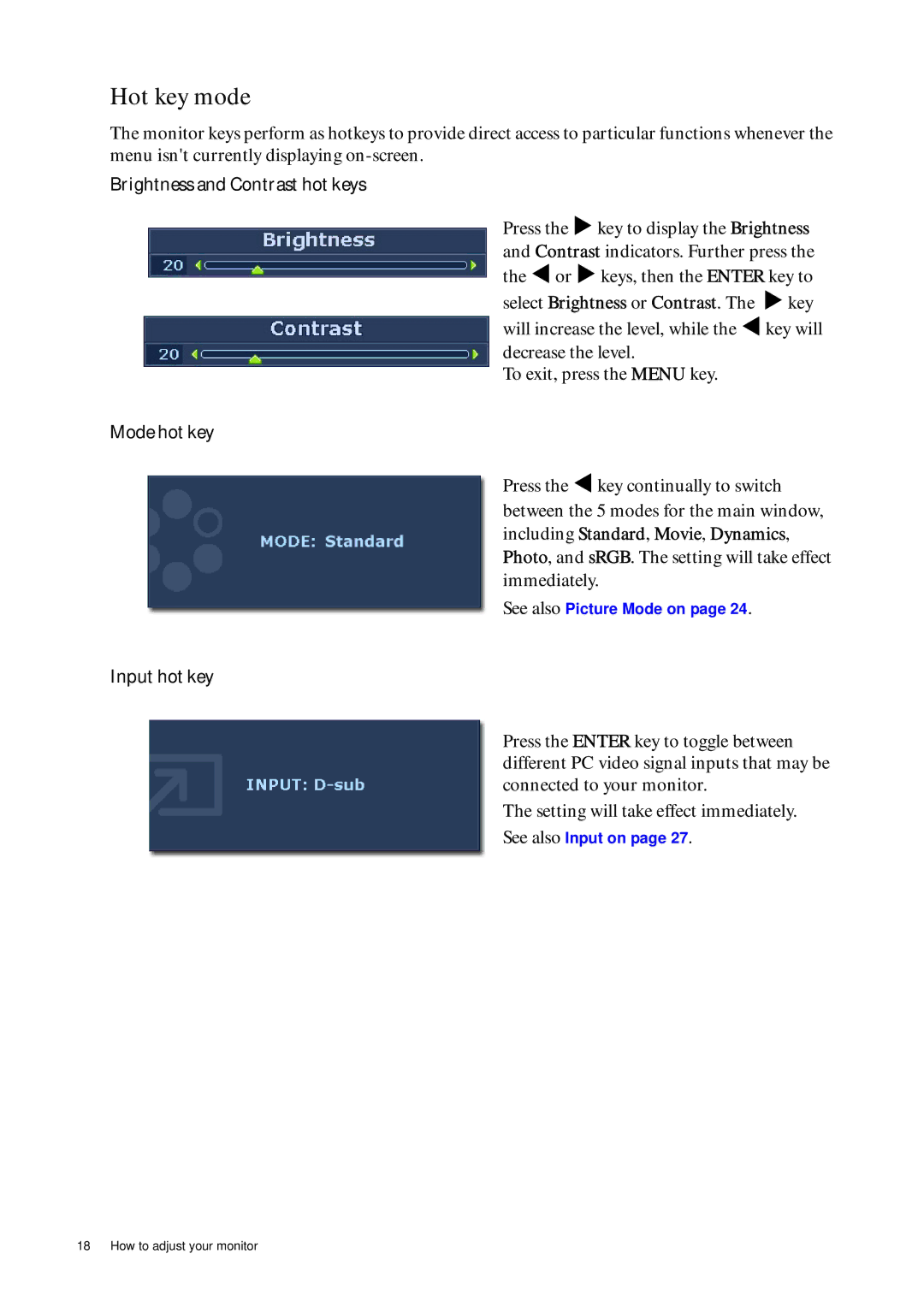 BenQ G2400WD user manual Hot key mode, Brightness and Contrast hot keys, Mode hot key, Input hot key 