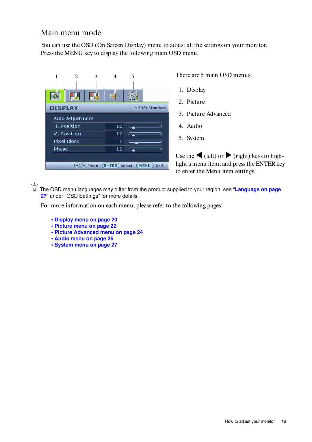 BenQ G2400WD user manual Main menu mode, There are 5 main OSD menus 