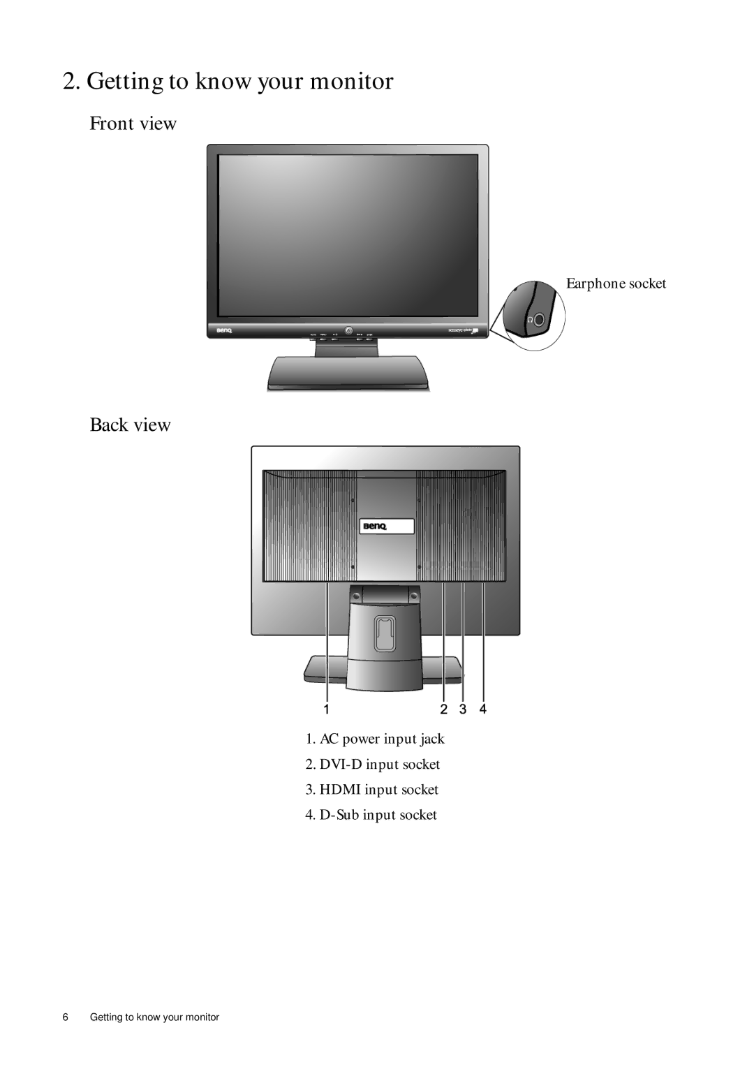 BenQ G2400WD user manual Getting to know your monitor, Front view, Back view, Earphone socket 