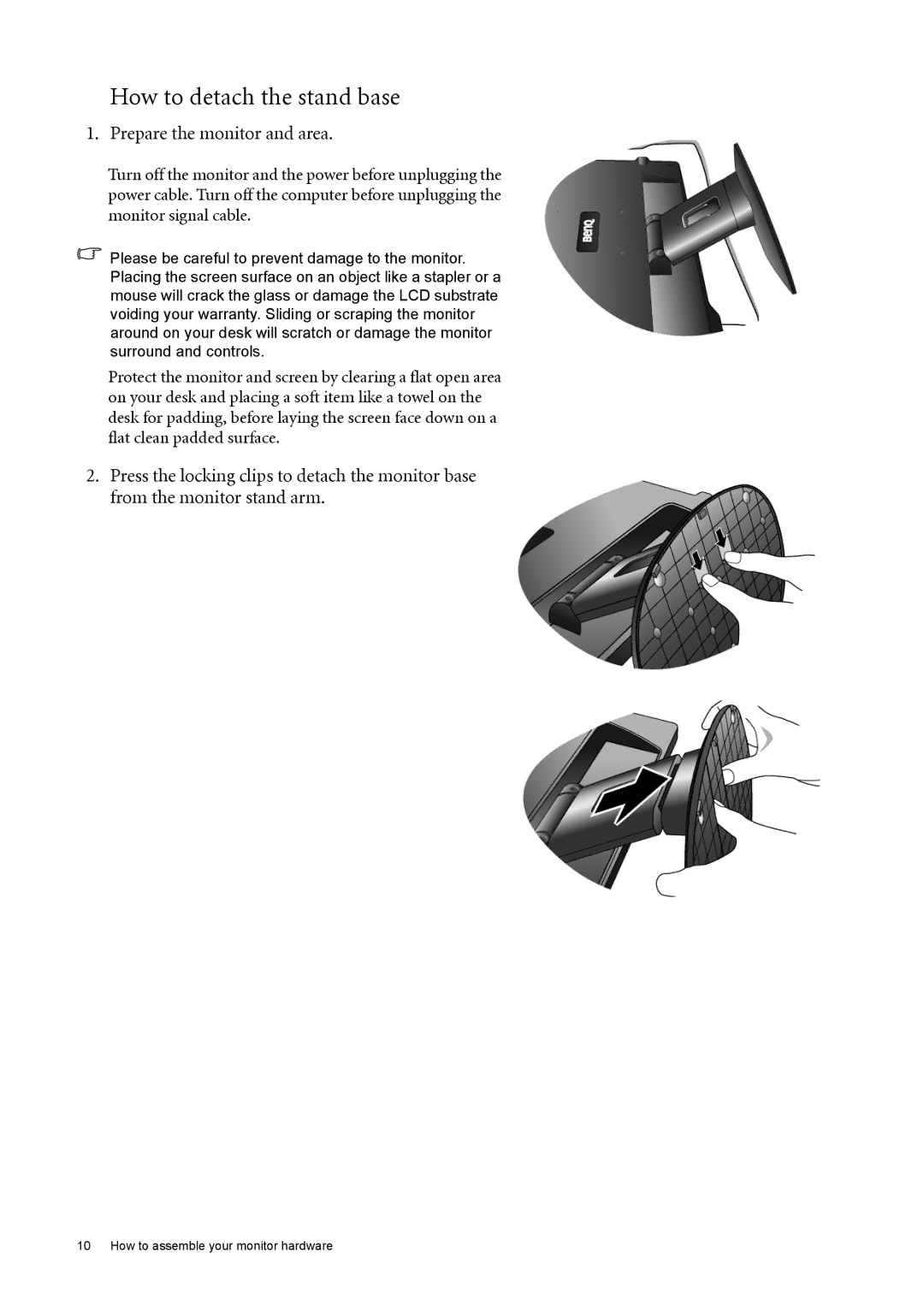 BenQ G2420HDB user manual How to detach the stand base, Prepare the monitor and area 