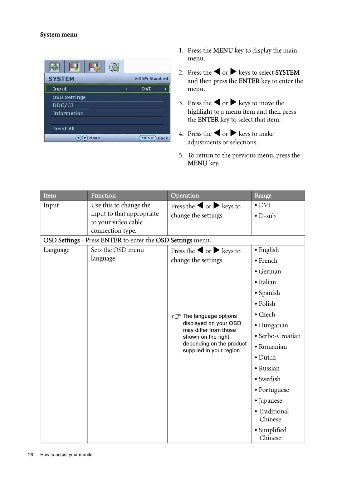 BenQ G2420HDB user manual System menu, Input Use this to change, OSD Settings Press Enter to enter the OSD Settings menu 