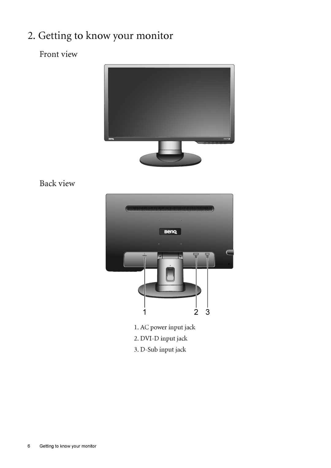 BenQ G2420HDB Getting to know your monitor, Front view Back view, AC power input jack DVI-D input jack Sub input jack 