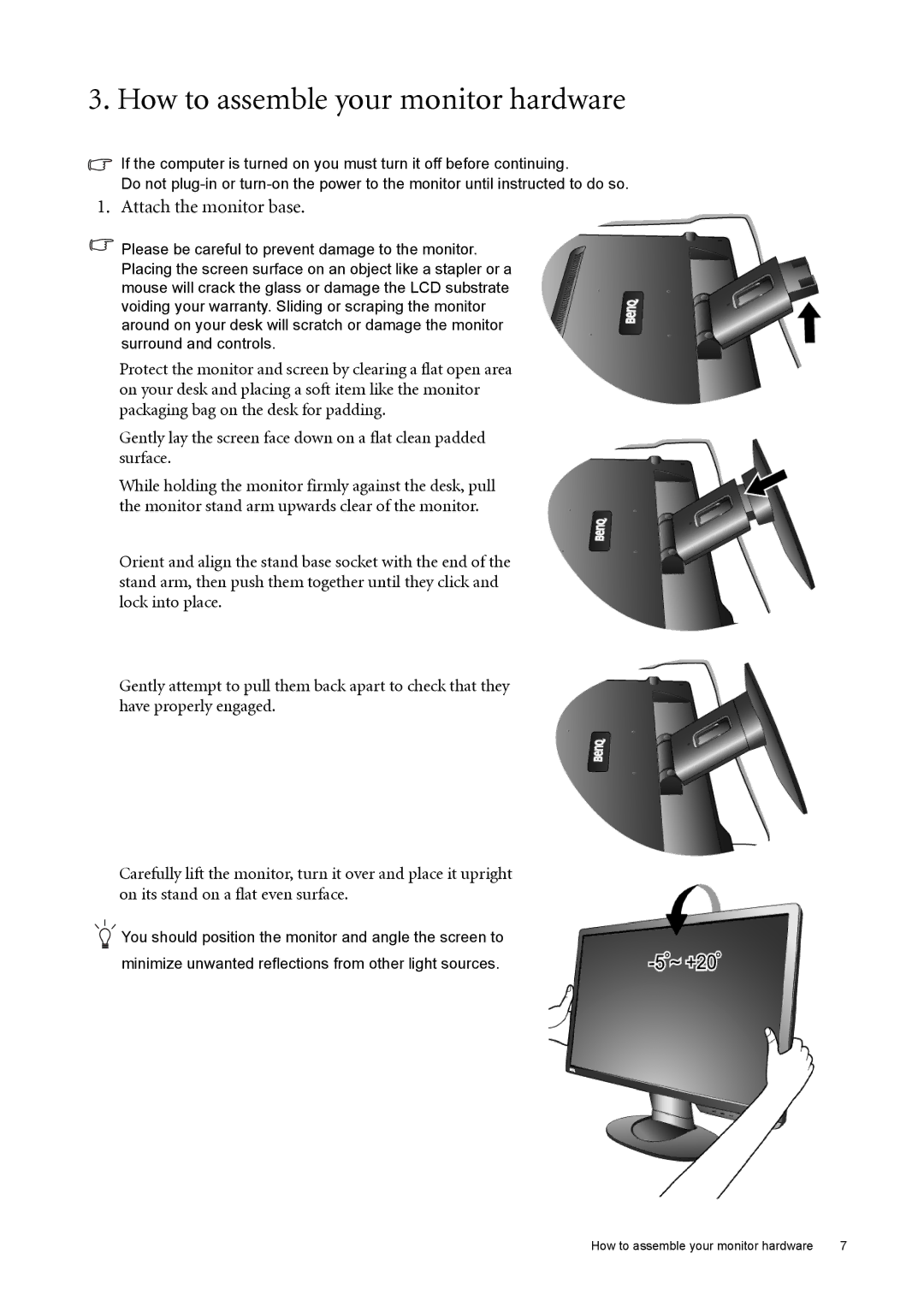 BenQ G2420HDB user manual How to assemble your monitor hardware, Attach the monitor base 