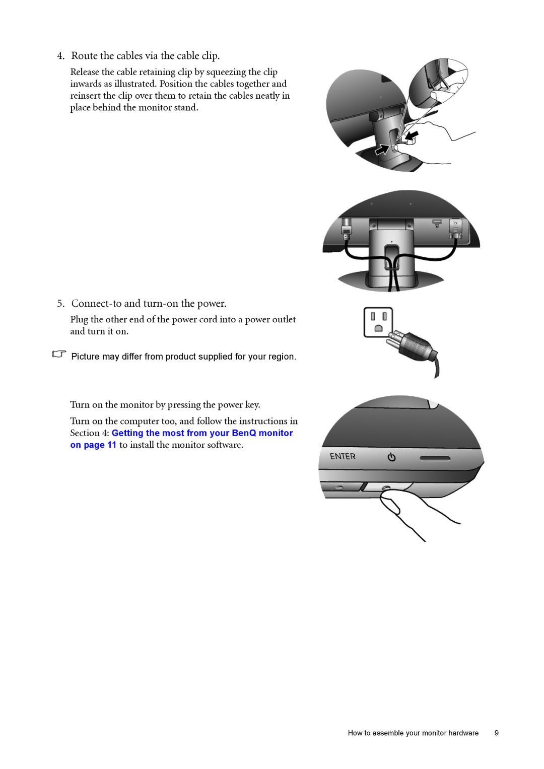 BenQ G2420HDB user manual Route the cables via the cable clip, Connect-to and turn-on the power 