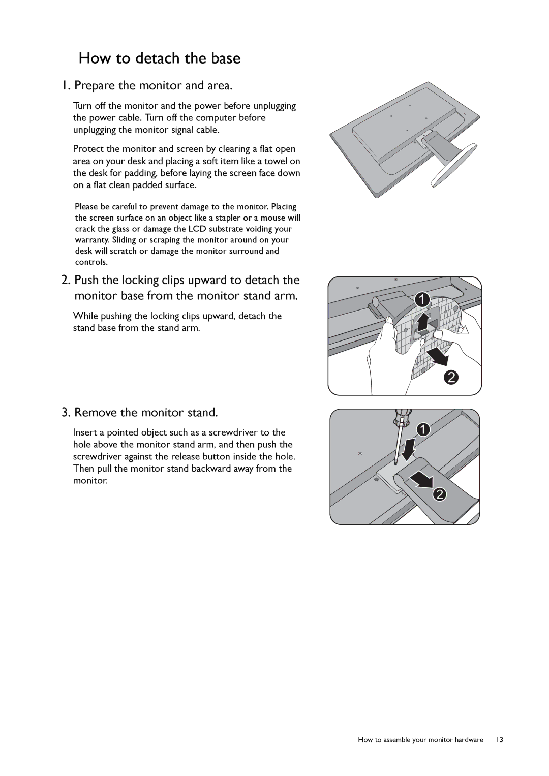 BenQ GL50, G50 user manual How to detach the base, Prepare the monitor and area, Remove the monitor stand 