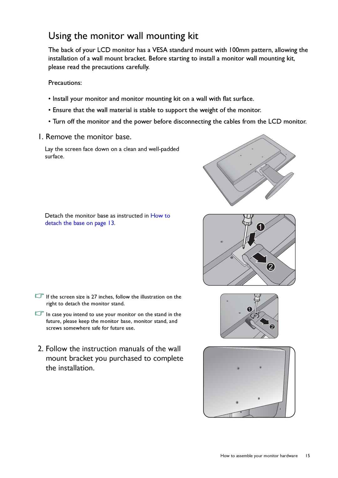 BenQ GL50, G50 user manual Using the monitor wall mounting kit, Remove the monitor base 