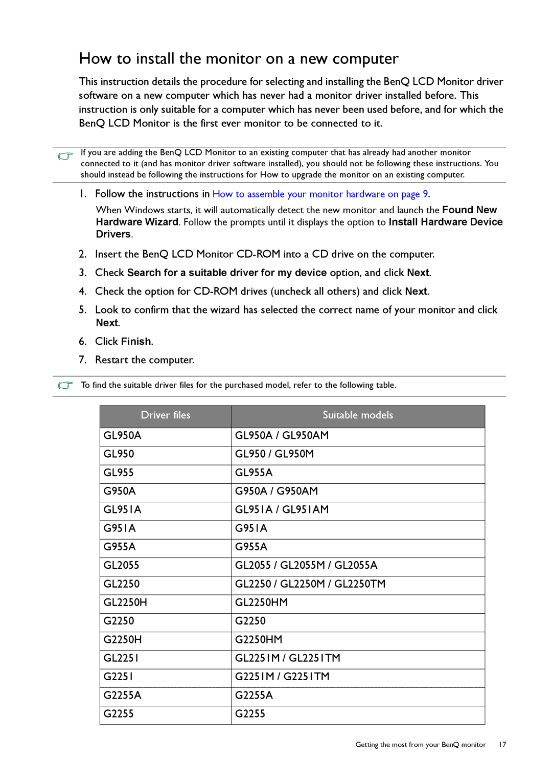 BenQ GL50, G50 user manual How to install the monitor on a new computer, Driver files Suitable models 