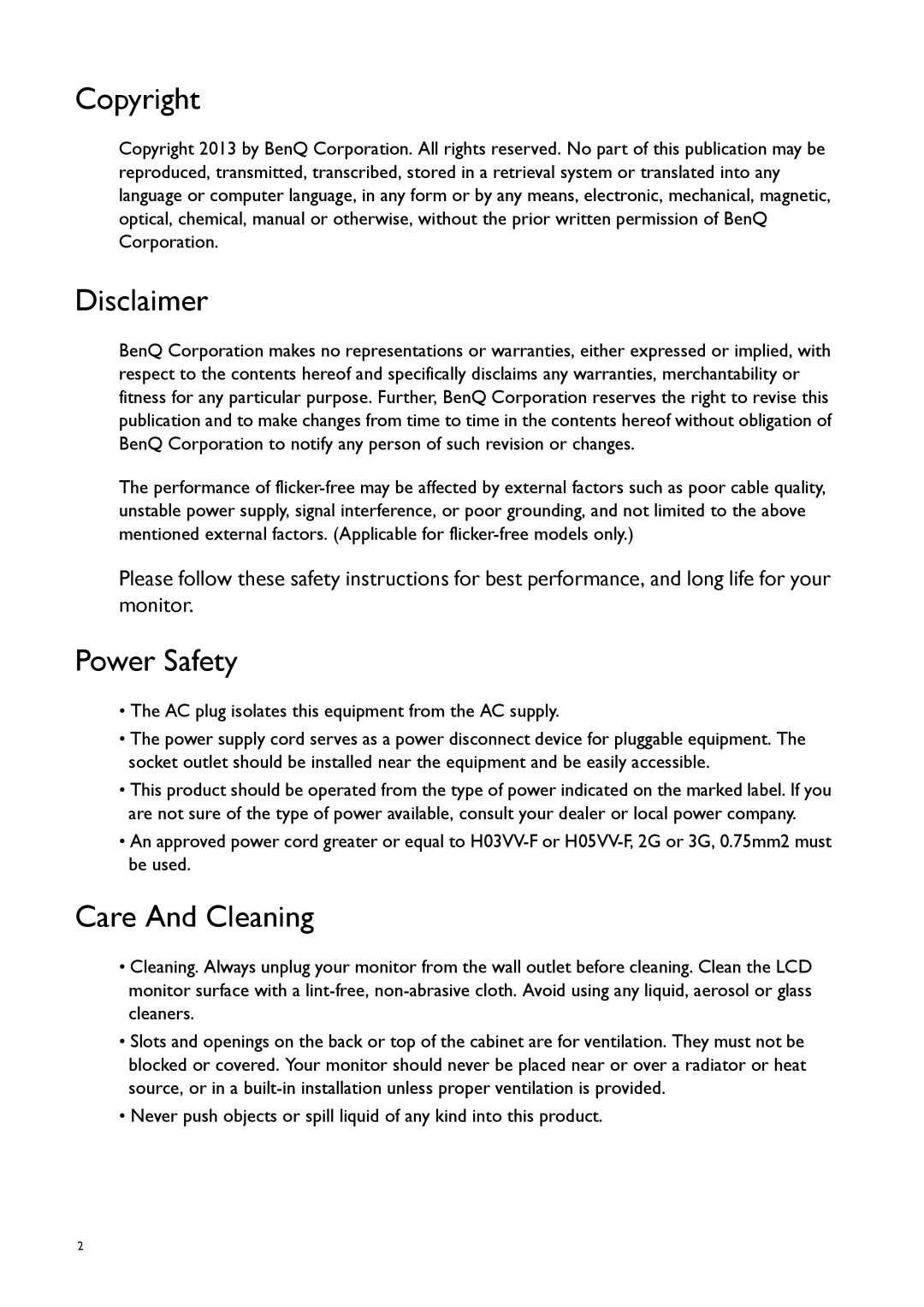 BenQ G50, GL50 user manual Copyright, Disclaimer, Power Safety, Care And Cleaning 