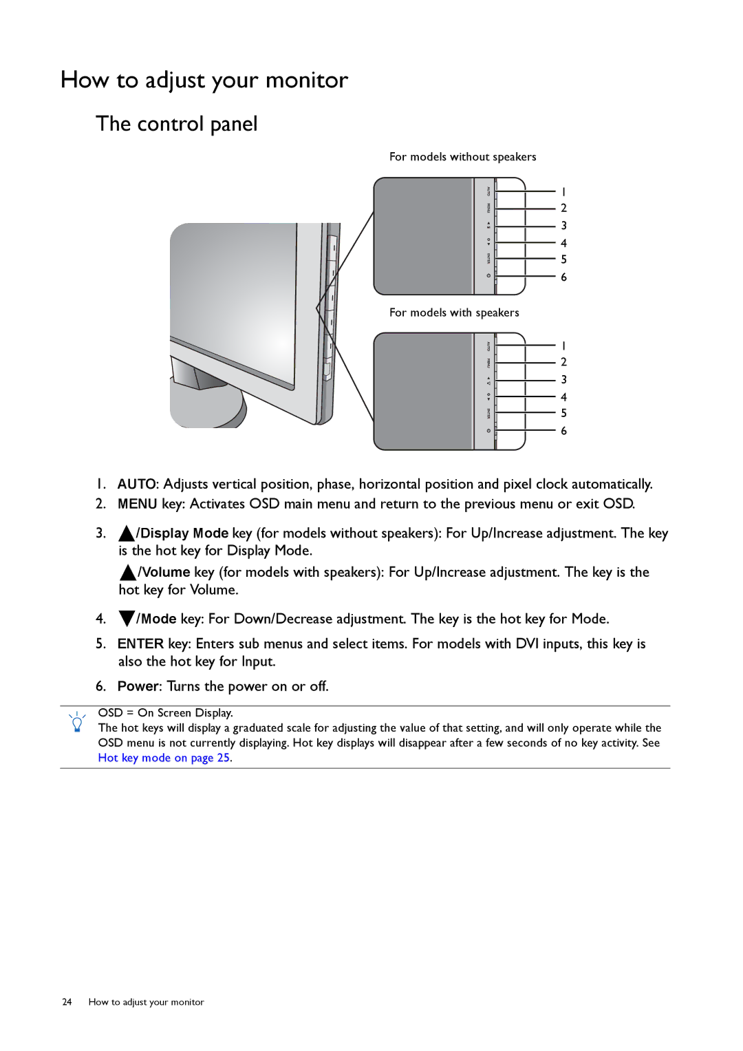 BenQ G50, GL50 user manual How to adjust your monitor, Control panel 