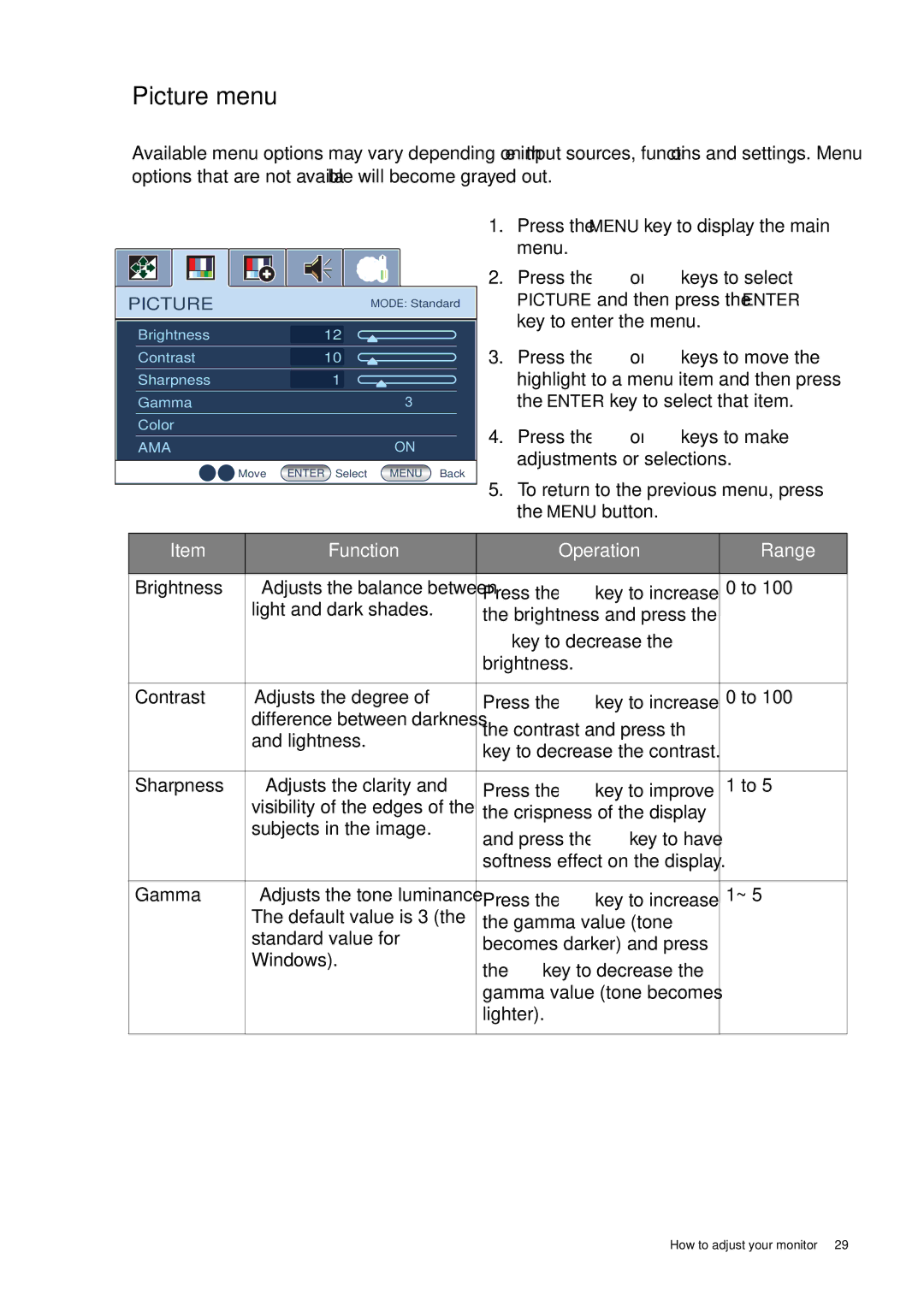 BenQ GL50, G50 user manual Picture menu 