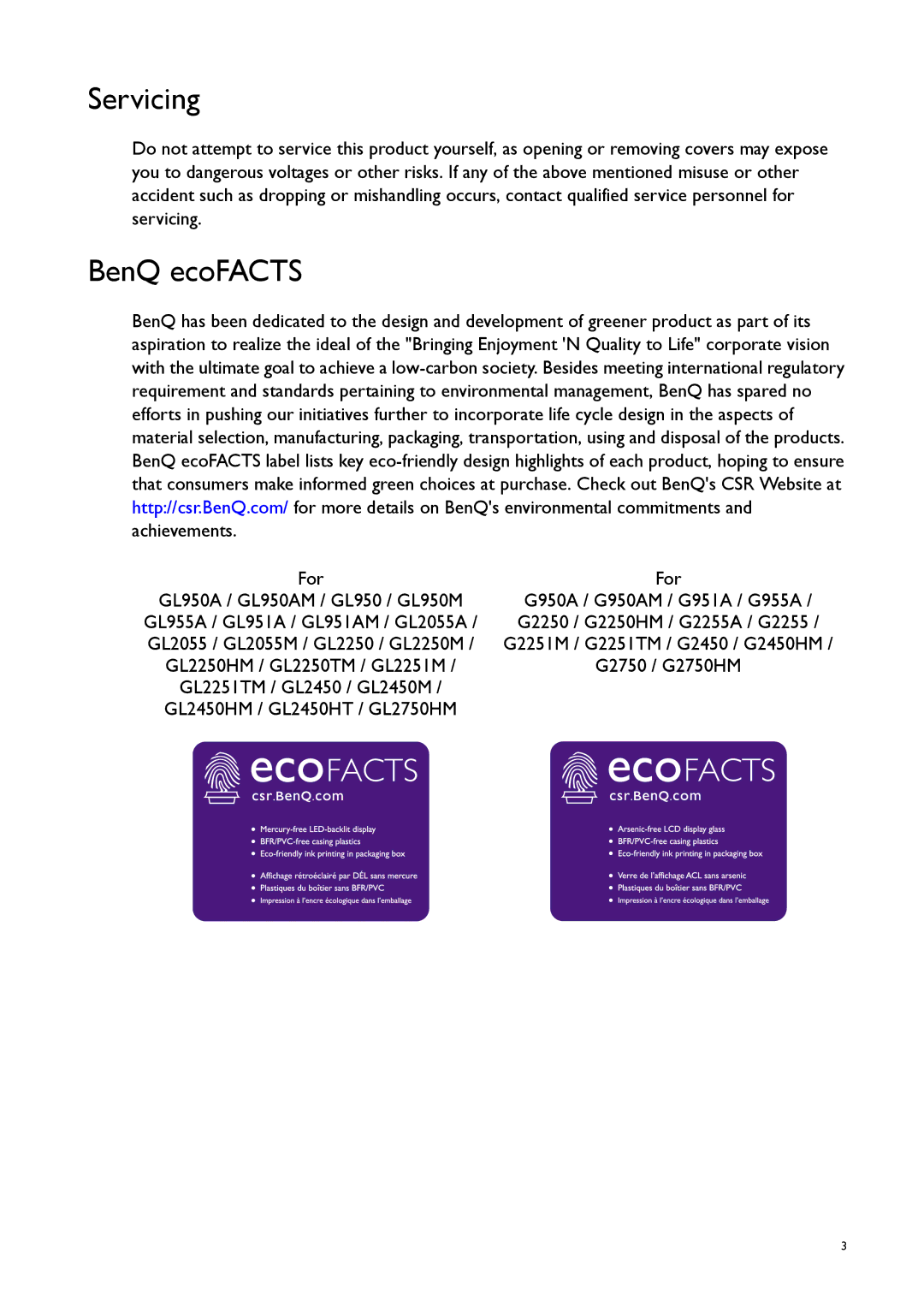 BenQ GL50, G50 user manual Servicing, BenQ ecoFACTS 