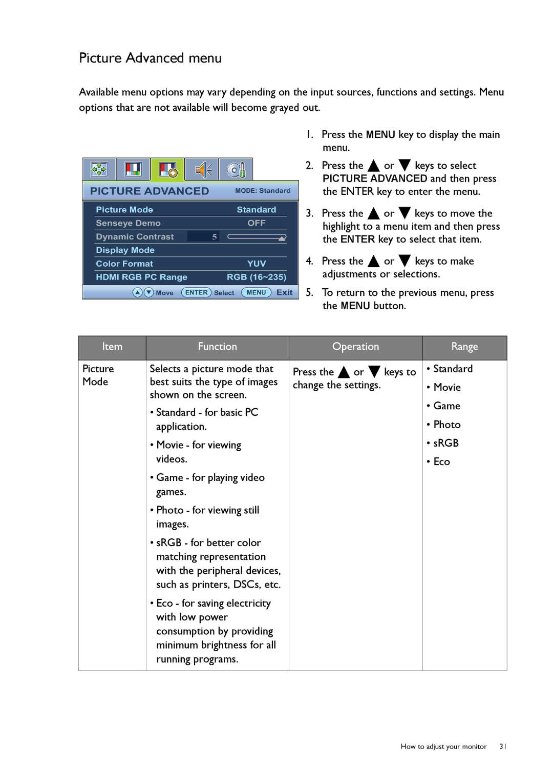 BenQ GL50, G50 user manual Picture Advanced menu 