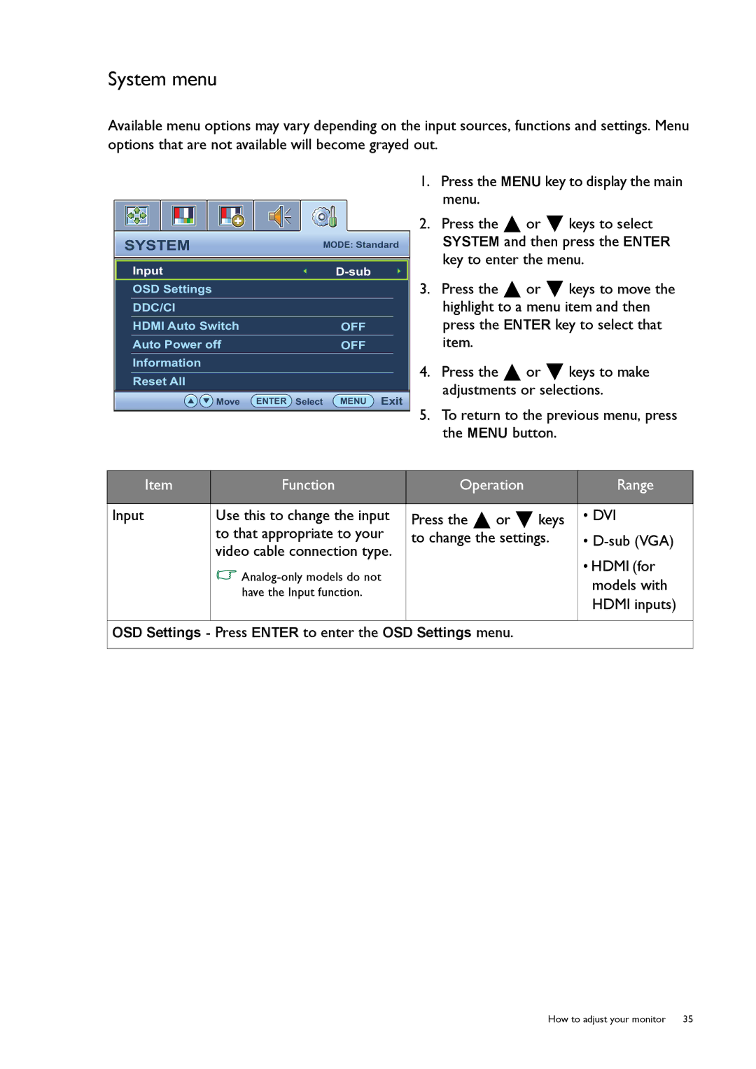 BenQ GL50, G50 user manual System menu 