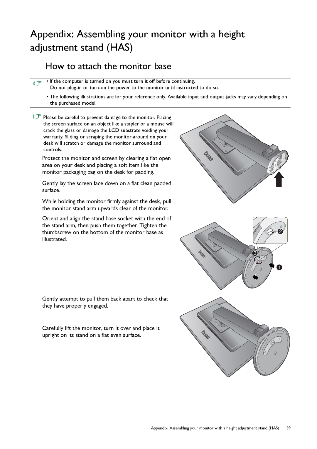 BenQ GL50, G50 user manual How to attach the monitor base 