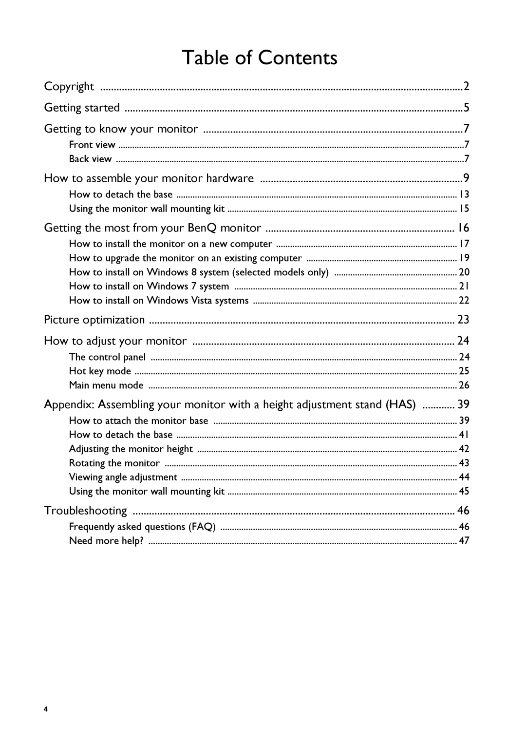 BenQ G50, GL50 user manual Table of Contents 