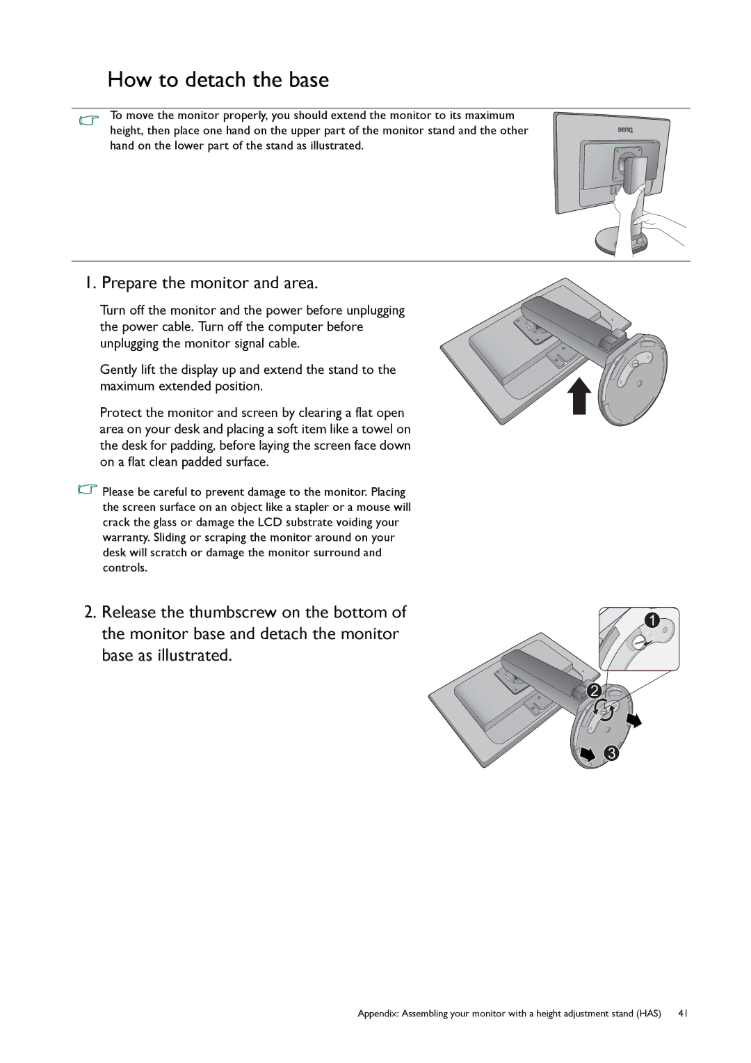 BenQ GL50, G50 user manual How to detach the base 