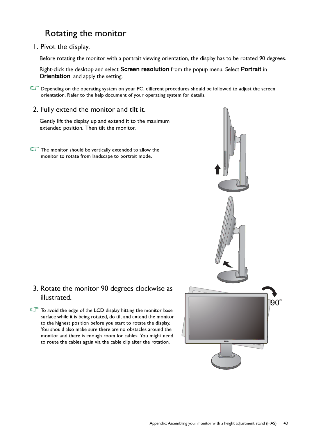 BenQ GL50, G50 user manual Rotating the monitor, Pivot the display, Fully extend the monitor and tilt it 