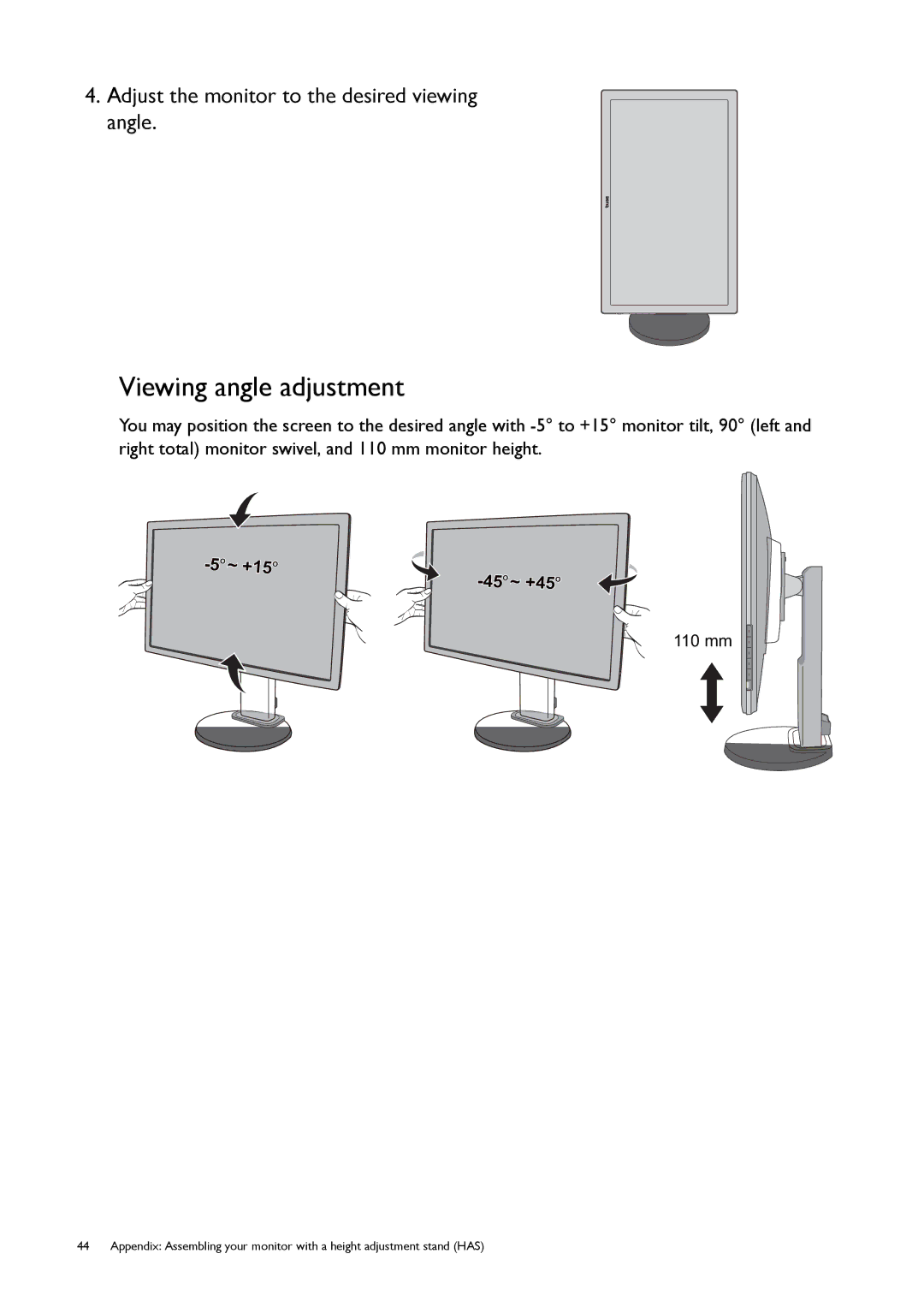 BenQ G50, GL50 user manual Viewing angle adjustment, Adjust the monitor to the desired viewing angle 