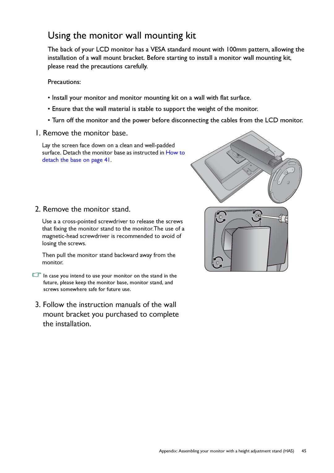 BenQ GL50, G50 user manual Using the monitor wall mounting kit 