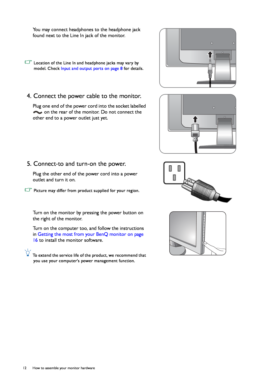 BenQ G50, GL50 user manual Connect the power cable to the monitor, Connect-to and turn-on the power 