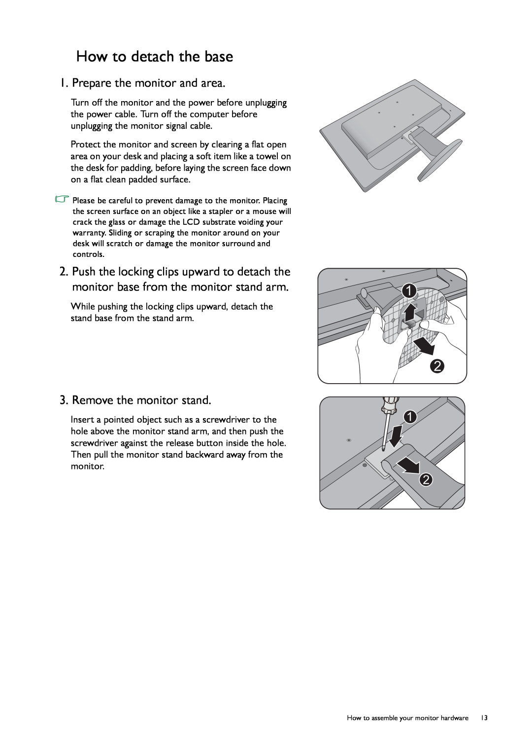BenQ GL50, G50 user manual How to detach the base, Prepare the monitor and area, Remove the monitor stand 