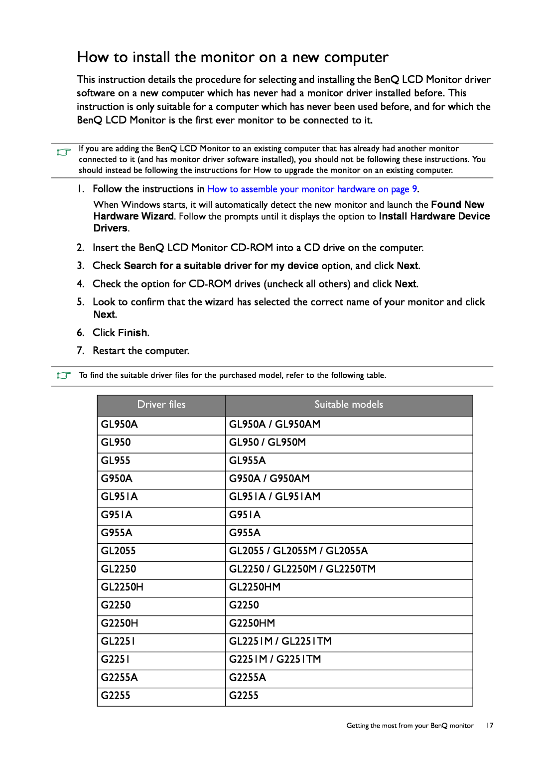 BenQ GL50, G50 user manual How to install the monitor on a new computer, Driver files, Suitable models 