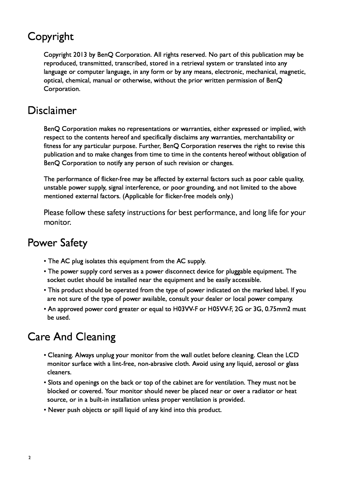 BenQ G50, GL50 user manual Copyright, Disclaimer, Power Safety, Care And Cleaning 