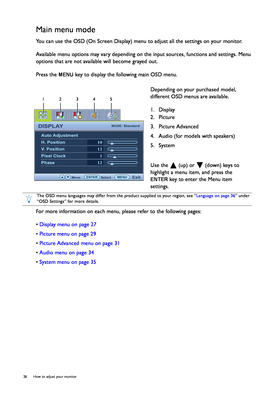 BenQ G50, GL50 user manual Main menu mode, Display menu on page Picture menu on page 