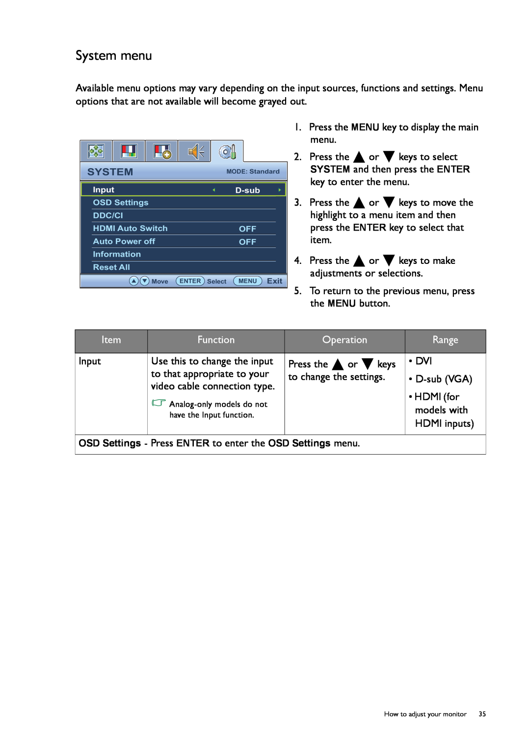 BenQ GL50, G50 System menu, Function, Operation, Range, OSD Settings - Press ENTER to enter the OSD Settings menu 