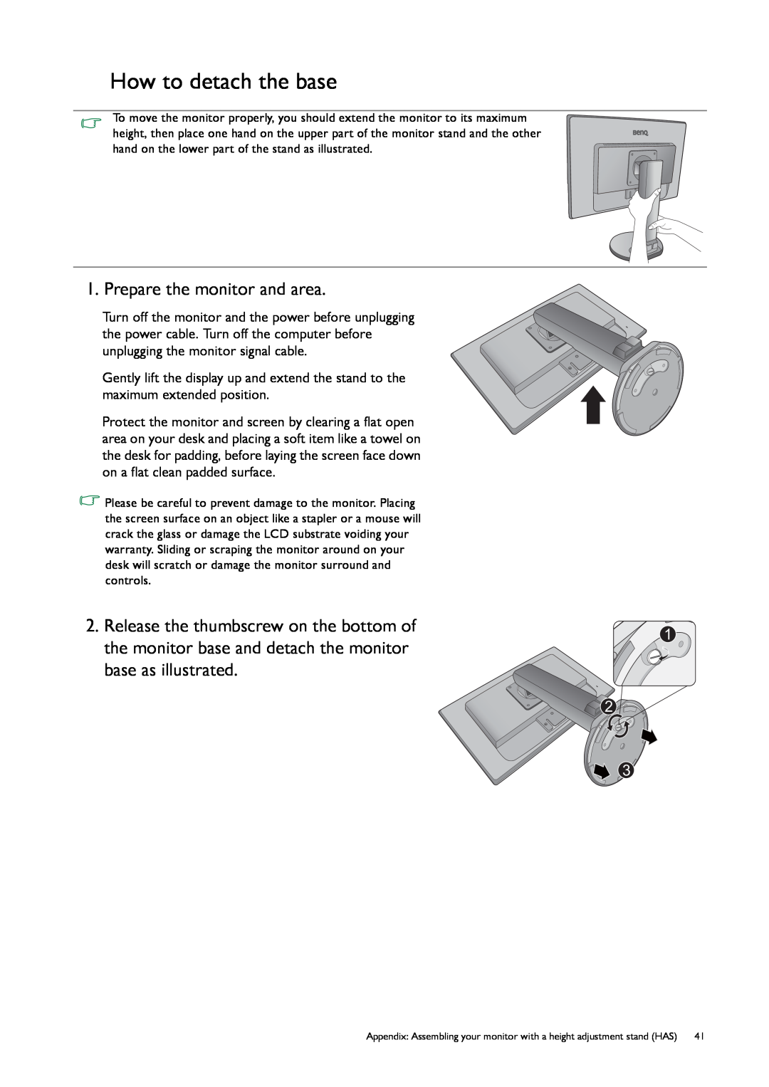 BenQ GL50, G50 user manual How to detach the base, Prepare the monitor and area 