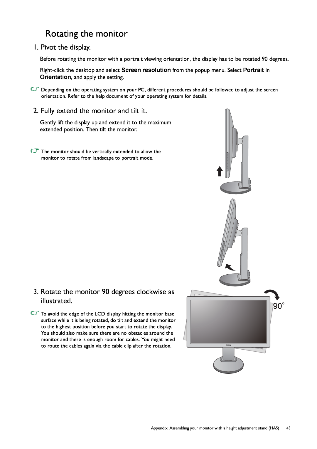 BenQ GL50, G50 user manual Rotating the monitor, Pivot the display, Fully extend the monitor and tilt it, illustrated 