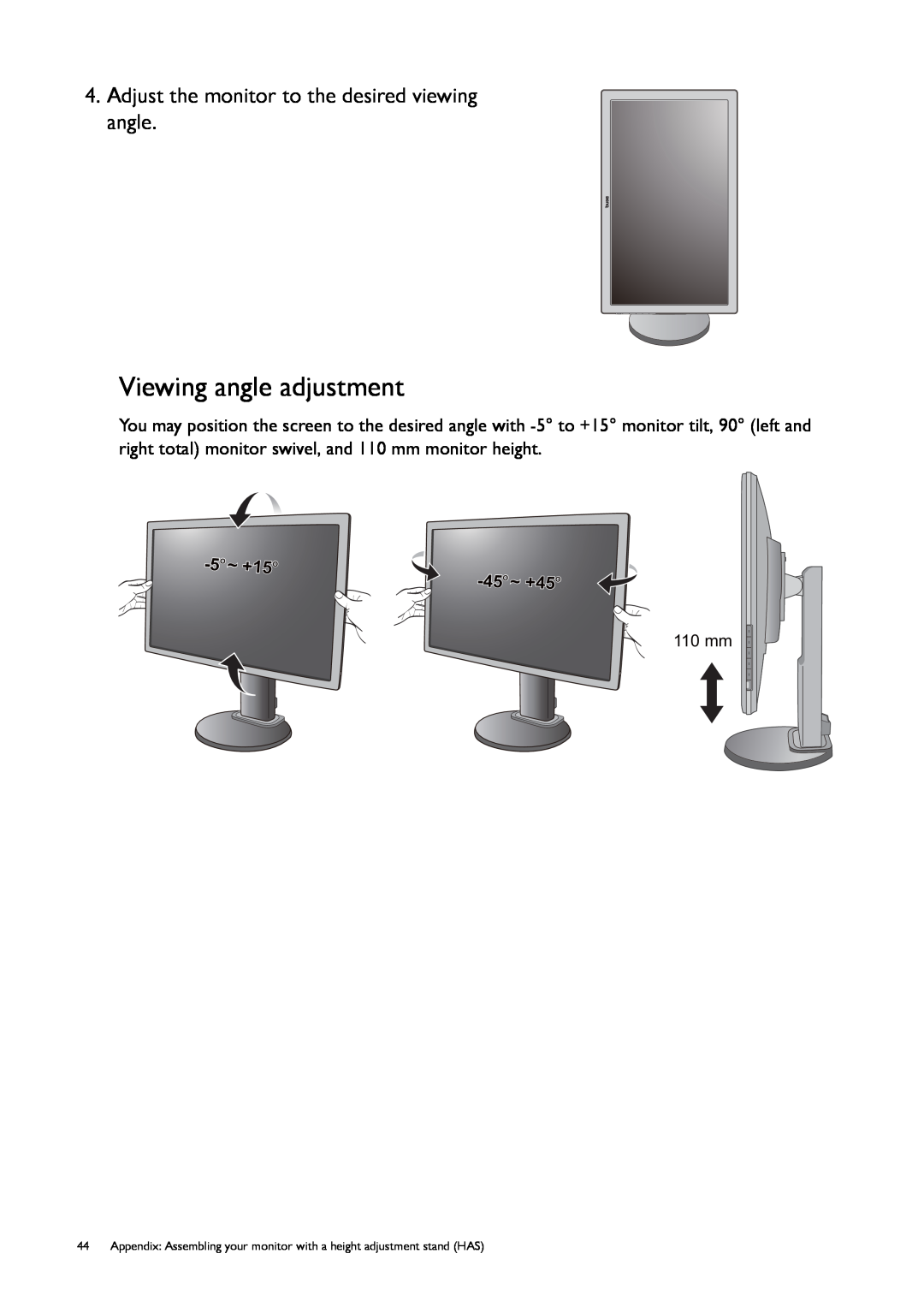 BenQ G50, GL50 user manual Viewing angle adjustment, Adjust the monitor to the desired viewing angle, 110 mm 