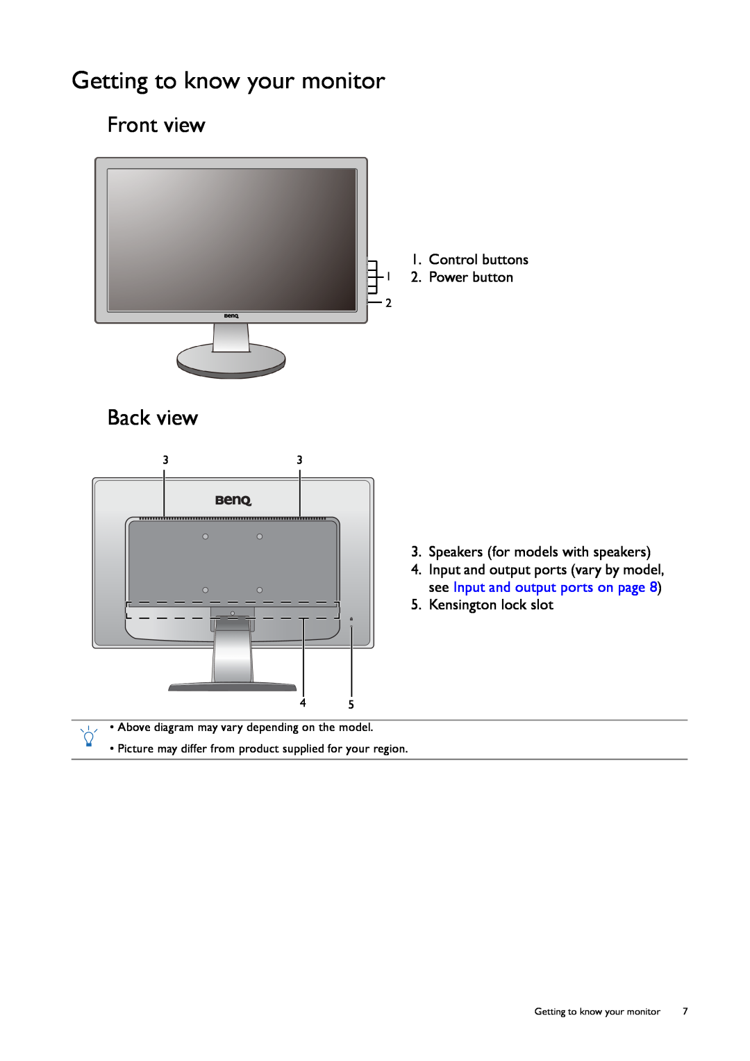 BenQ GL50, G50 Getting to know your monitor, Front view, Back view, Above diagram may vary depending on the model 