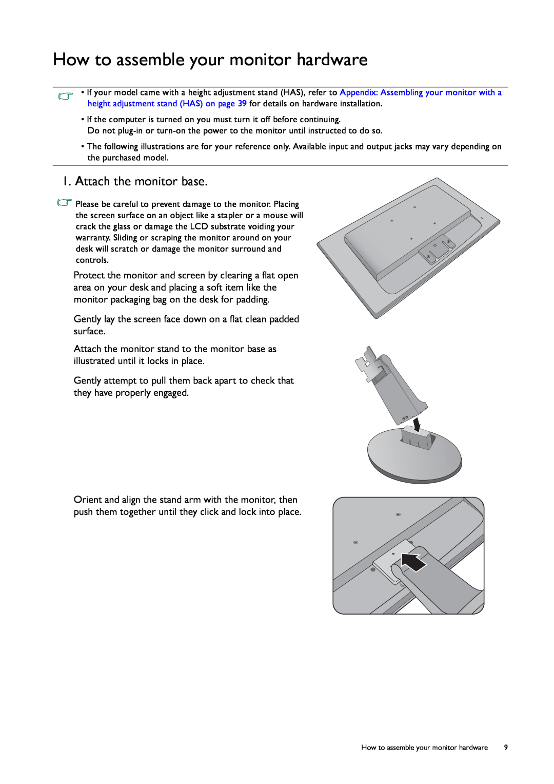 BenQ GL50, G50 user manual How to assemble your monitor hardware, Attach the monitor base 
