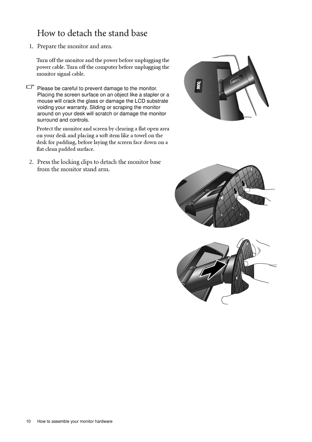 BenQ G920WAL, G920WL user manual How to detach the stand base, Prepare the monitor and area 