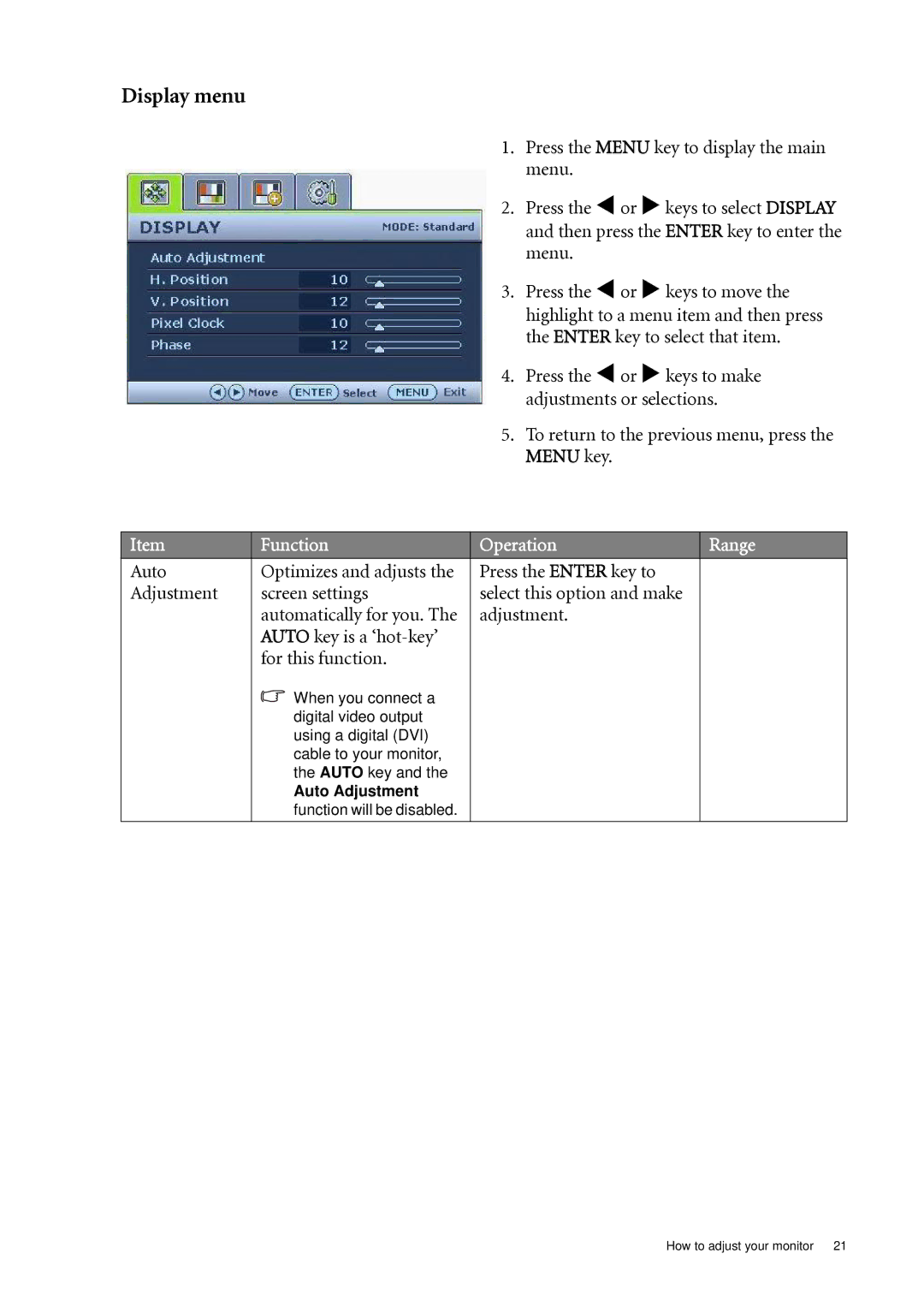 BenQ G920WL, G920WAL user manual Display menu, To return to the previous menu, press the Menu key 