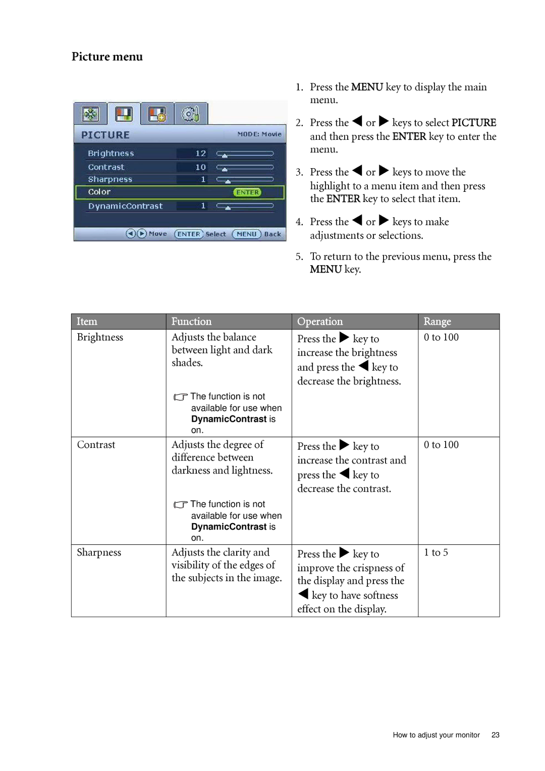 BenQ G920WL, G920WAL user manual Picture menu 