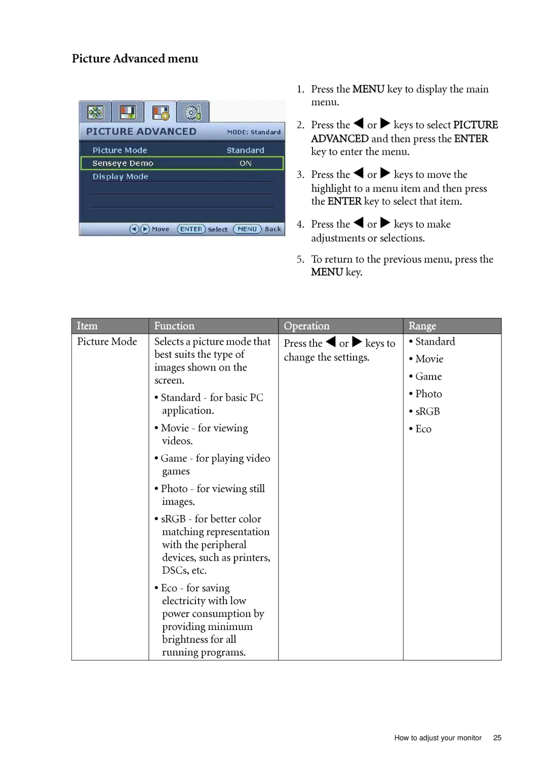 BenQ G920WL, G920WAL user manual Picture Advanced menu, Picture Mode 