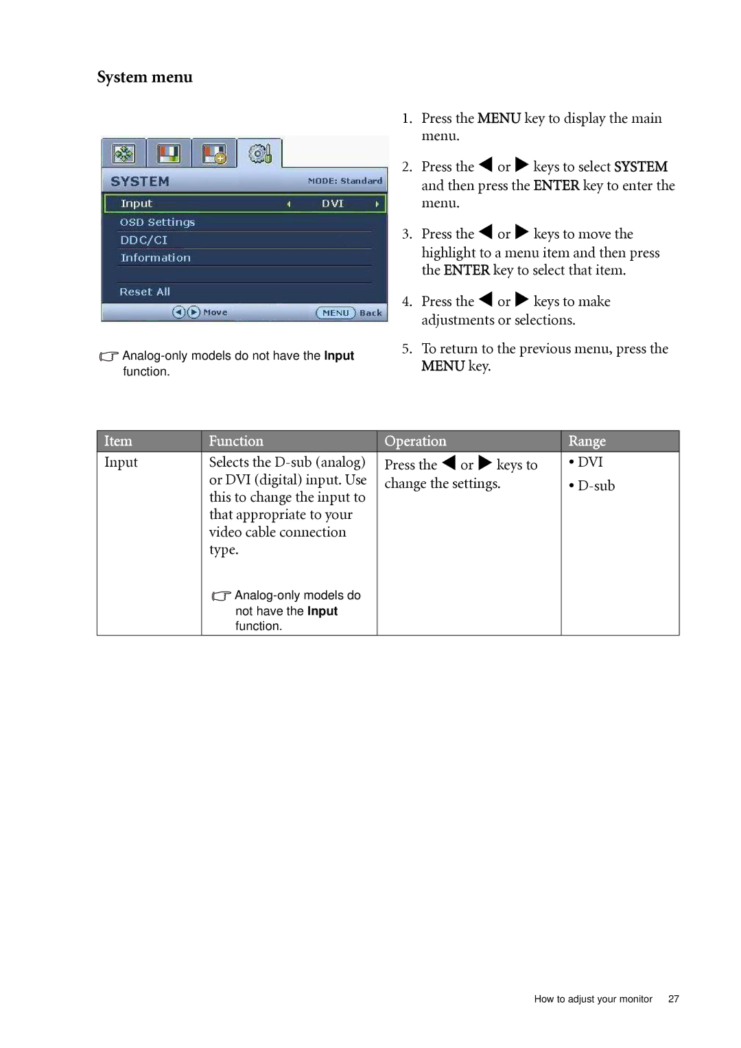 BenQ G920WL, G920WAL user manual System menu, Input 