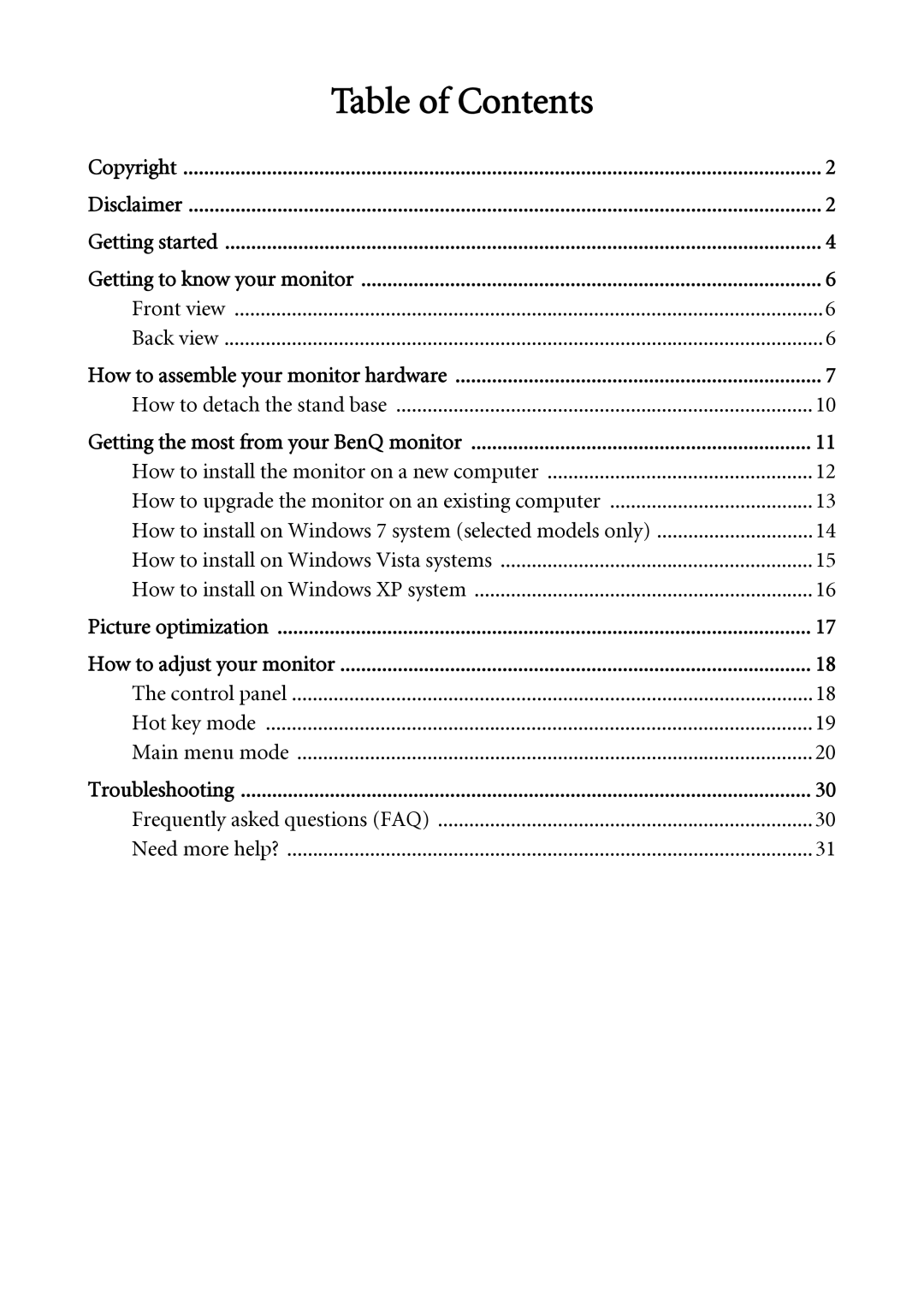 BenQ G920WL, G920WAL user manual Table of Contents 