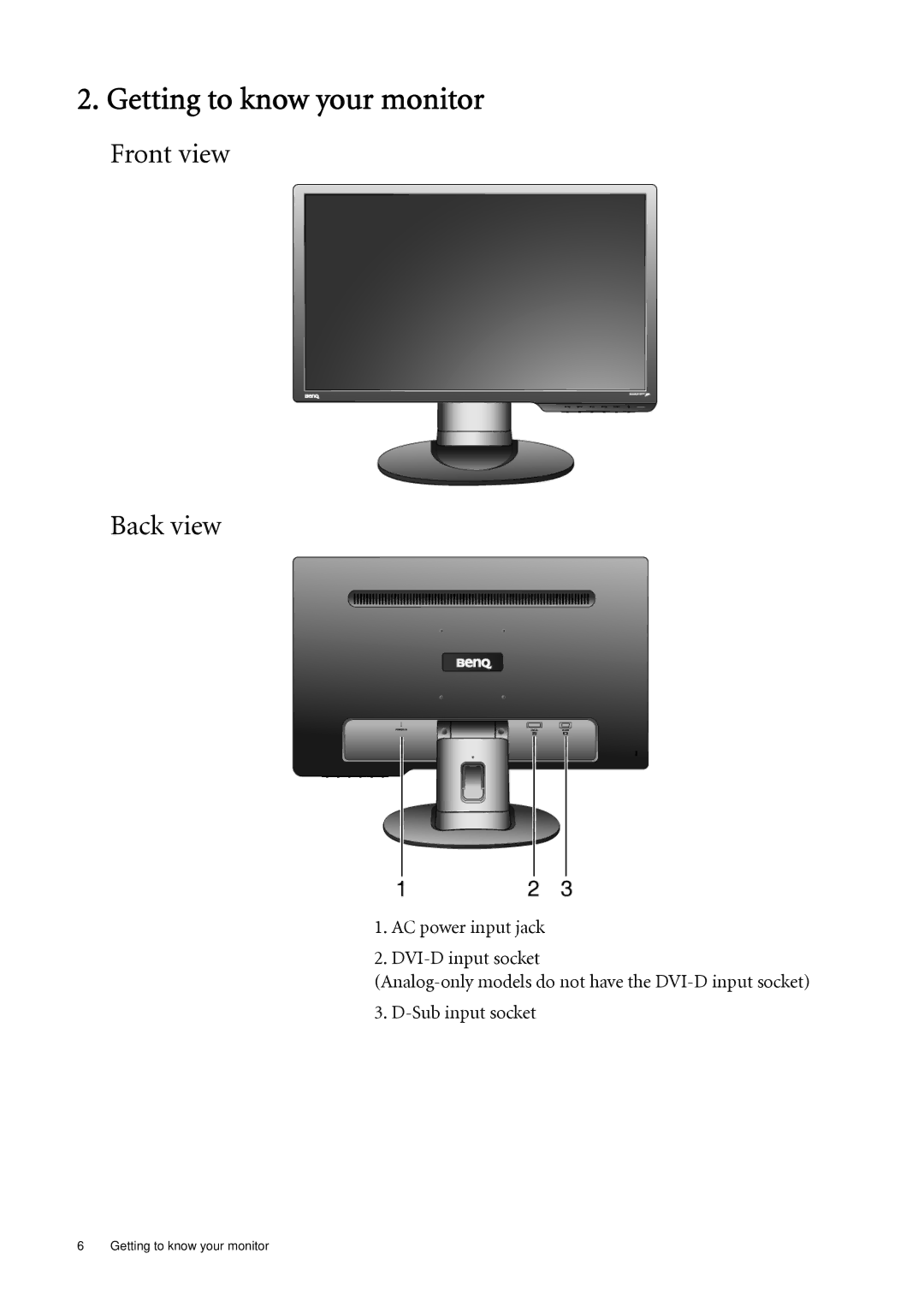 BenQ G920WAL, G920WL user manual Getting to know your monitor, Front view Back view 