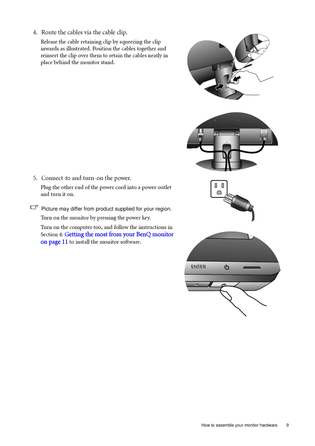 BenQ G920WL, G920WAL user manual Route the cables via the cable clip, Connect-to and turn-on the power 