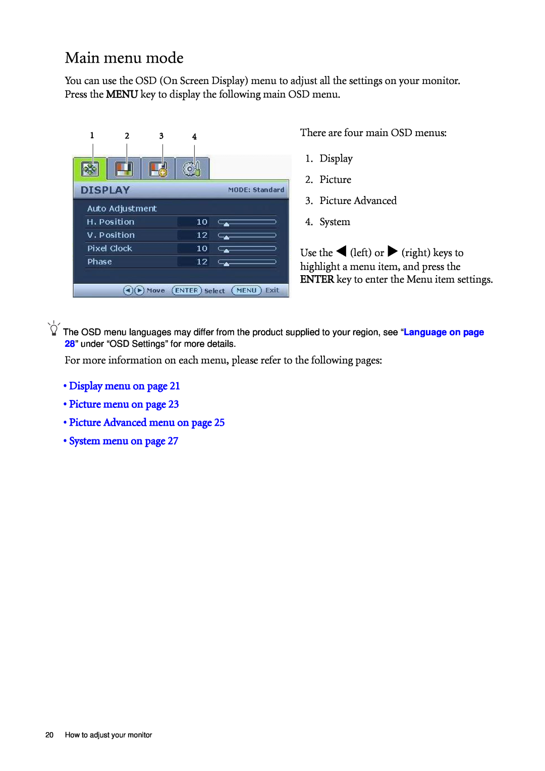 BenQ G920WAL Main menu mode, Display menu on page Picture menu on page, Picture Advanced menu on page System menu on page 
