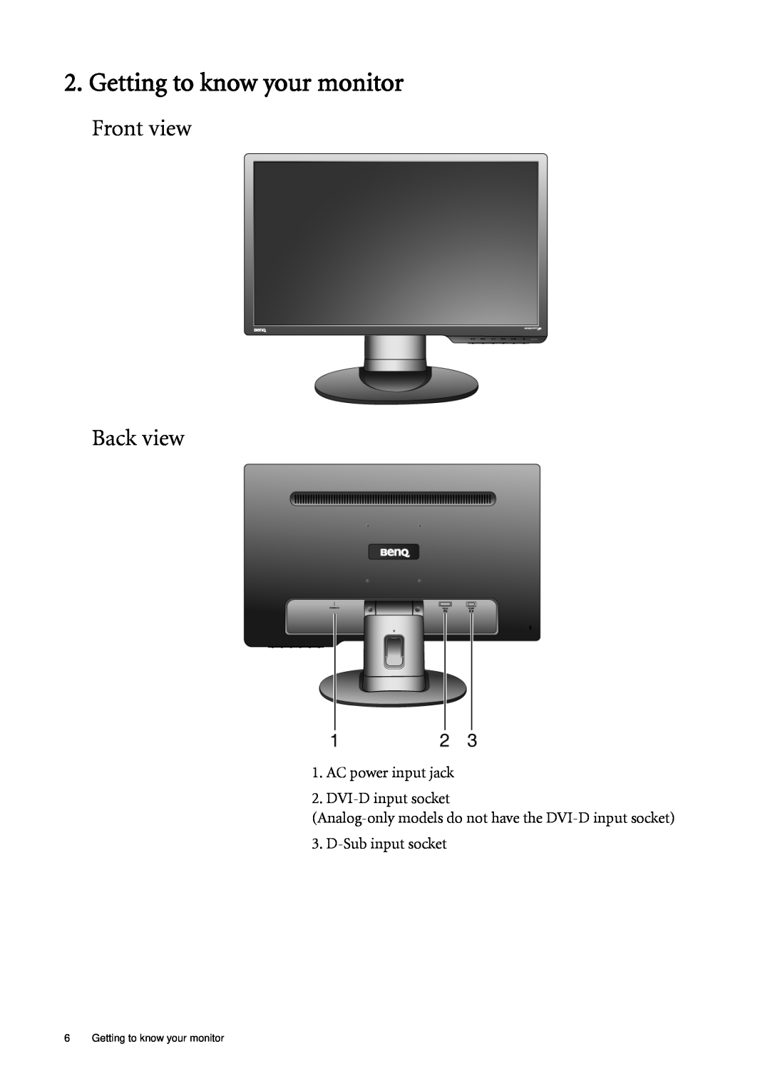 BenQ G920WAL, G920WL user manual Getting to know your monitor, Front view Back view 