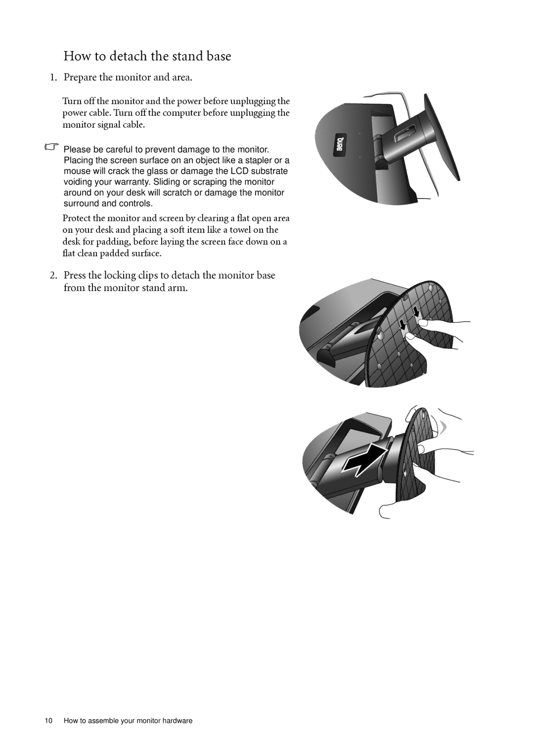 BenQ G925HD/G925HDA, G922HD/G922HDA, G920HD/G920HDA How to detach the stand base, Prepare the monitor and area 