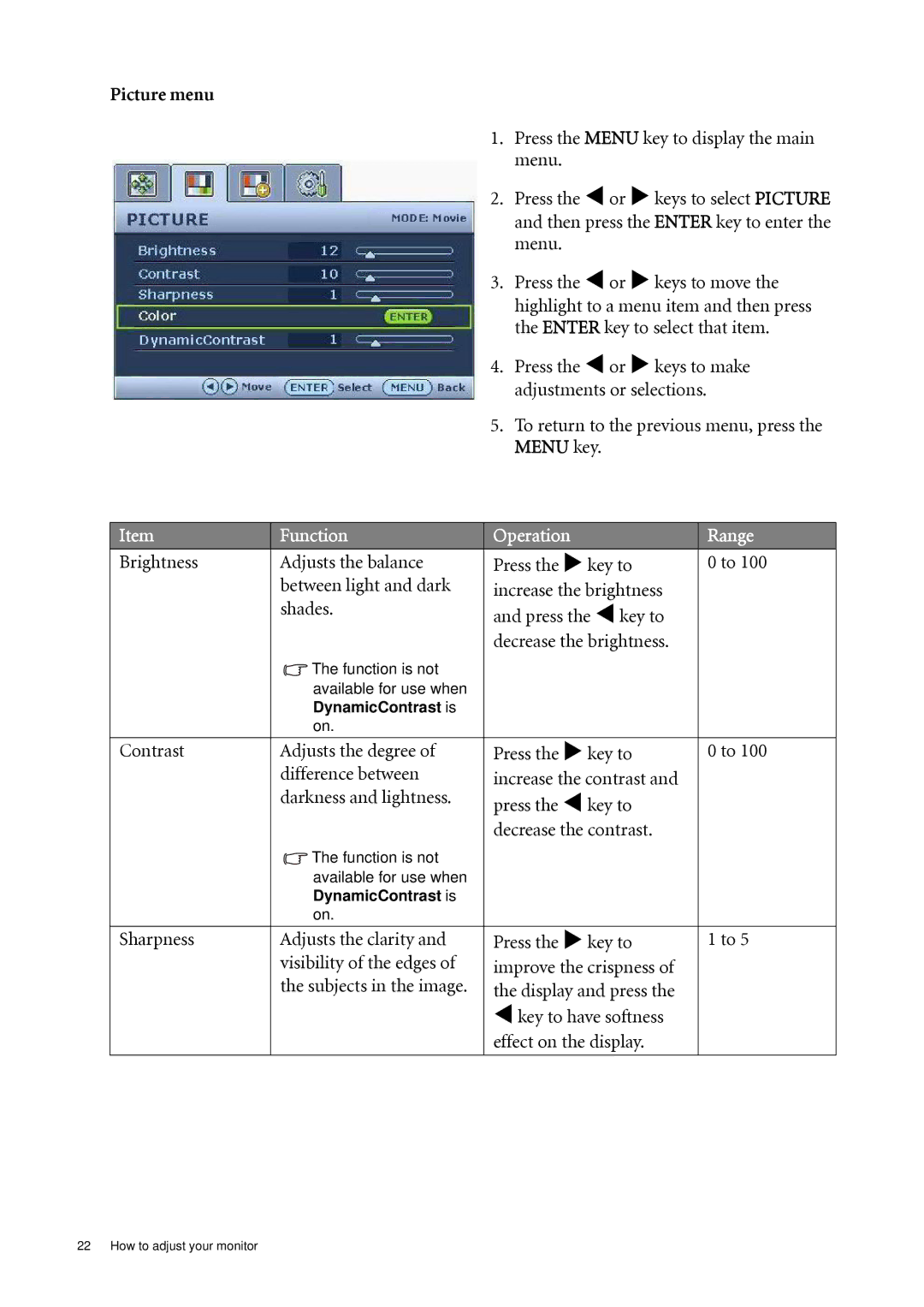 BenQ G925HD/G925HDA, G922HD/G922HDA, G920HD/G920HDA user manual Picture menu 